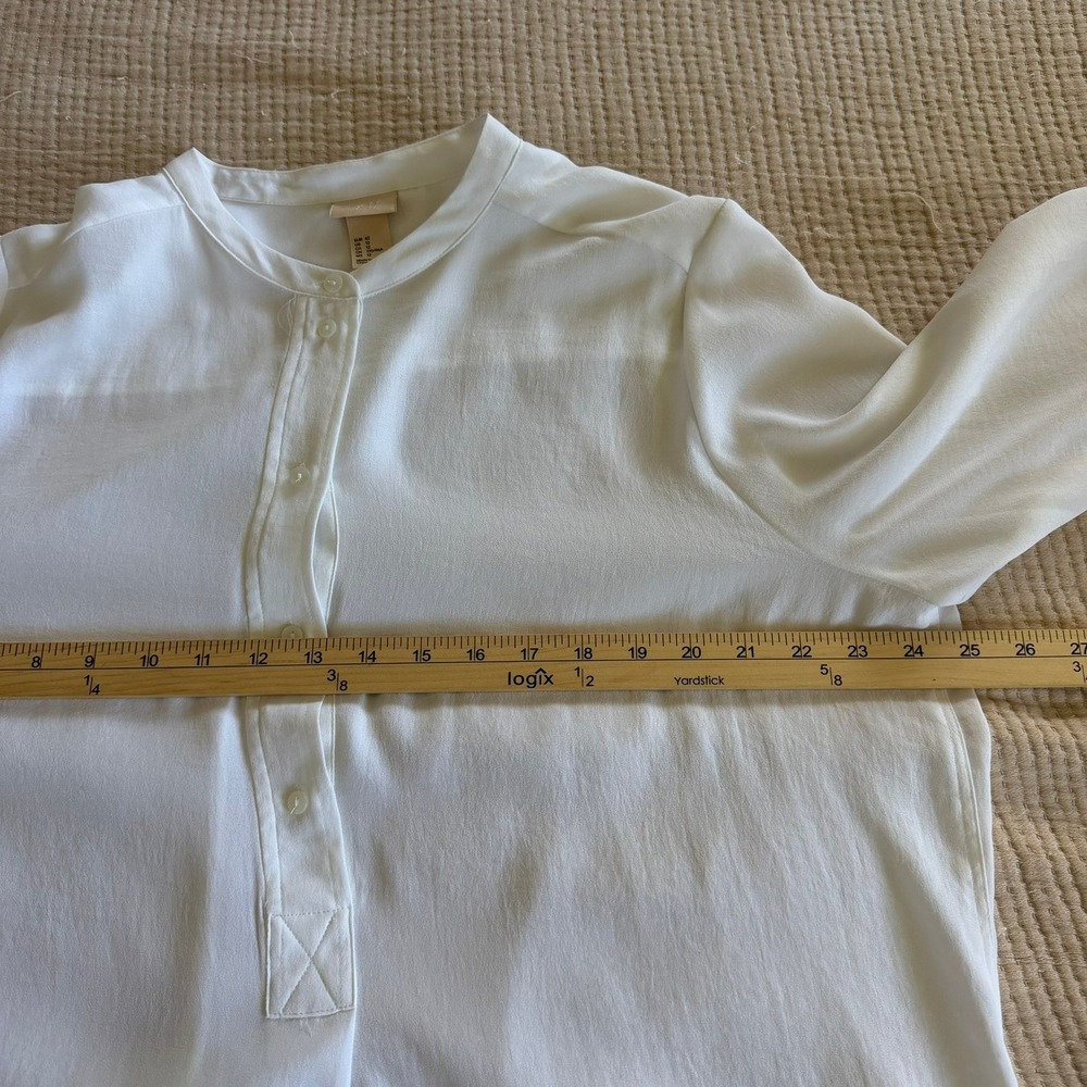 H&M Band Collar Tunic Women Size 12 White Relaxed High Low Button Front Blouse - Picture 10 of 13
